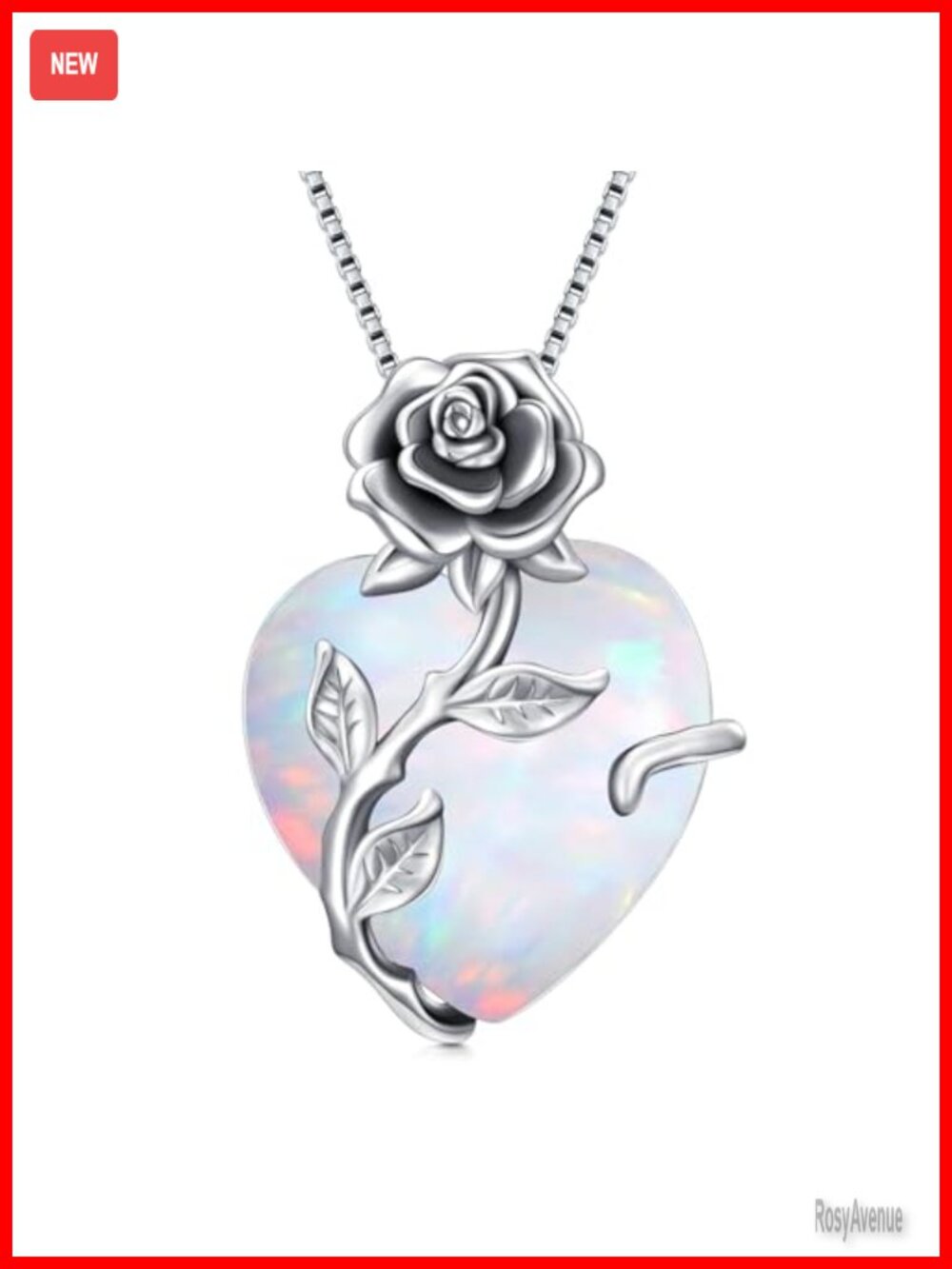 Sterling Silver White Gold Plated Created Opal Heart Rose Flower Pendant